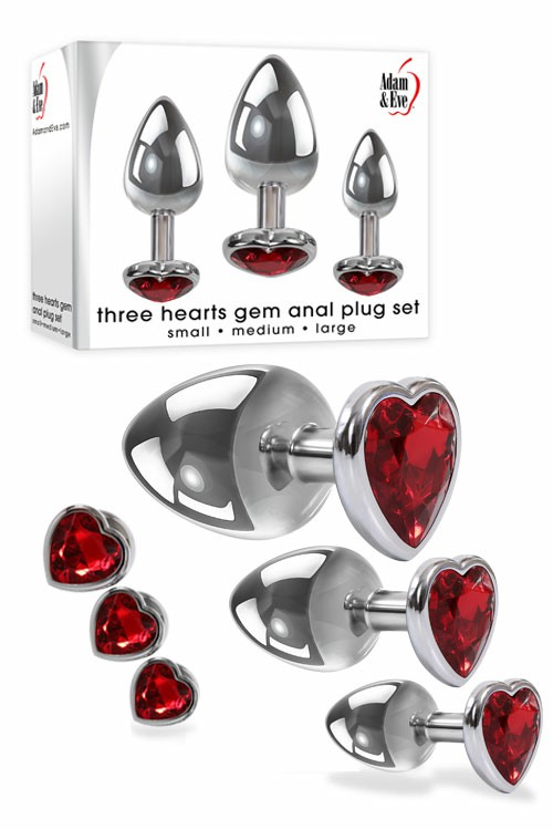 3 Piece Red Heart Gem Base Metal Butt Plug Set Anal Toys Silver