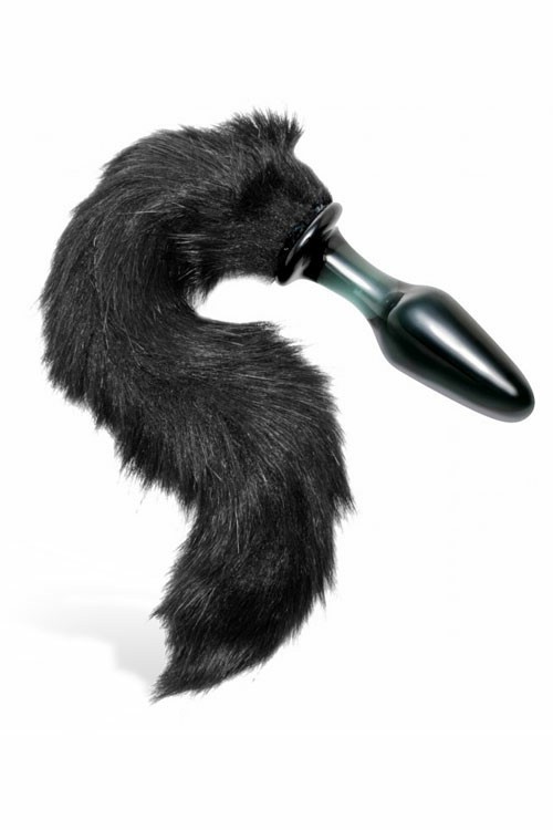 4″  Long Fox Tail Glass Butt Plug Anal Toys Black