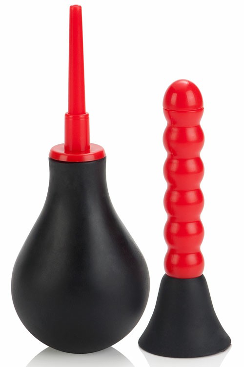 4″ Ribbed Anal Douche With Interchangable Nozzles Anal Toys Black/Red