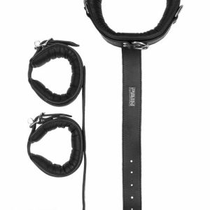 Behind The Back Leather Collar & Wrist Restraints Bondage Black