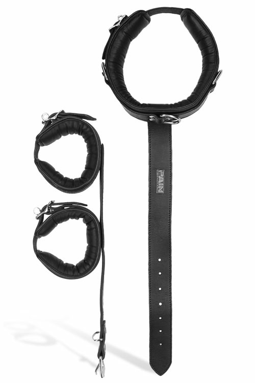 Behind The Back Leather Collar & Wrist Restraints Bondage Black