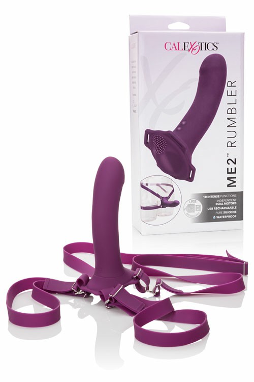 Dual Motor Textured Silicone 6.5″ Strap On Dildos Purple