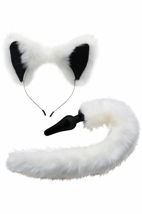 Faux Fur Fox Tail Butt Plug & Ears Anal Toys White/Black