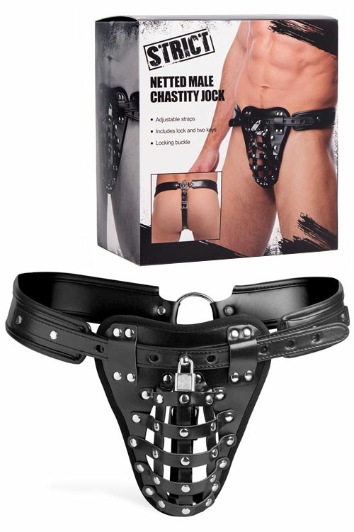 Faux Leather & Metal Netted Male Chastity Jock Bondage Black/Silver