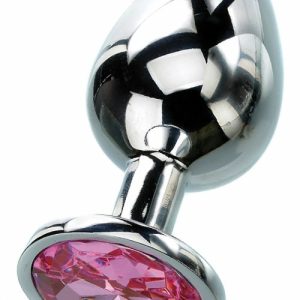 Medium 3.25″ Faux Jewel Base Metal Butt Plug Anal Toys Silver/Pink