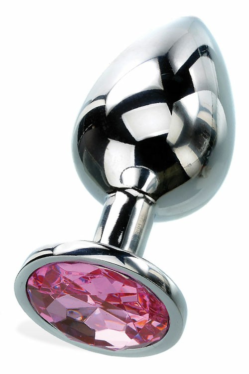 Medium 3.25″ Faux Jewel Base Metal Butt Plug Anal Toys Silver/Pink