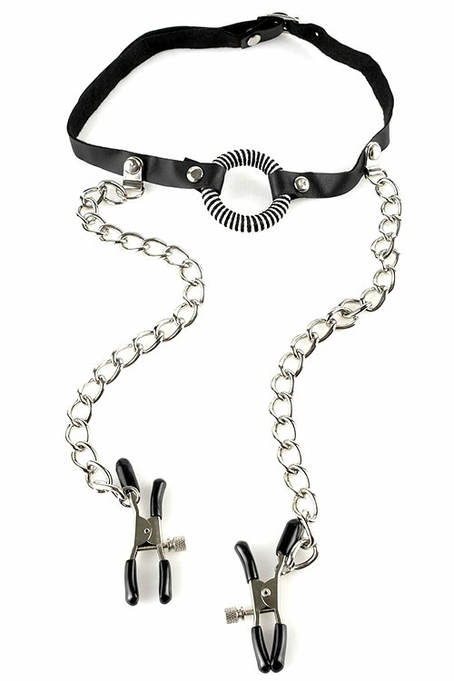 O Ring Gag With Nipple Clamps Bondage